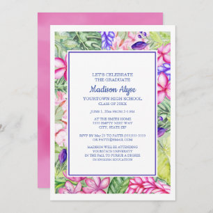Pink Purple Green Tropical Floral Graduation Party Invitation