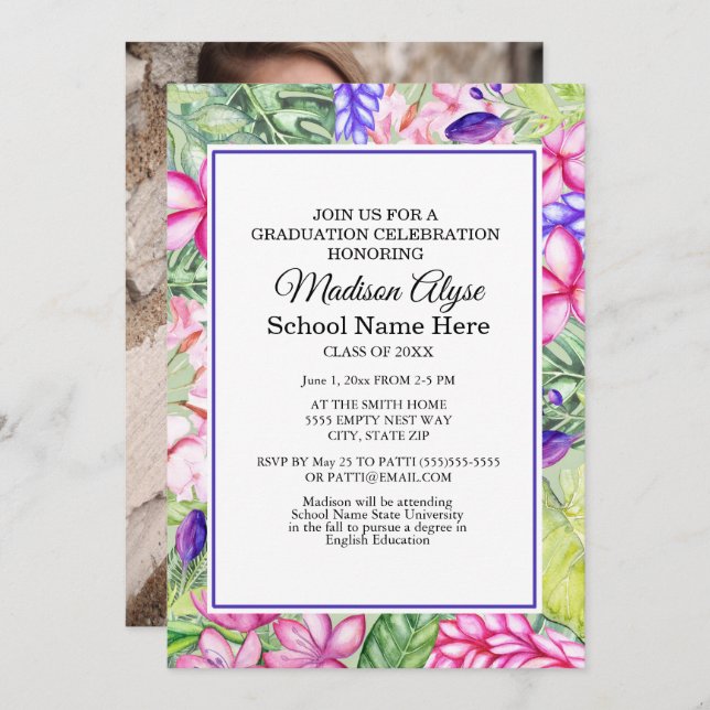 Pink Purple Green Tropical Floral Graduation Party Invitation (Front/Back)