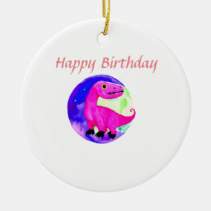 Pink purple green watercolor dinosaur birthday ceramic ornament