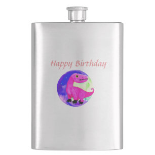 Pink purple green watercolor dinosaur birthday  hip flask