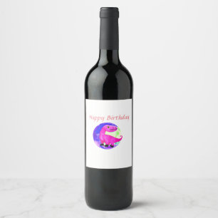 Pink purple green watercolor dinosaur birthday wine label
