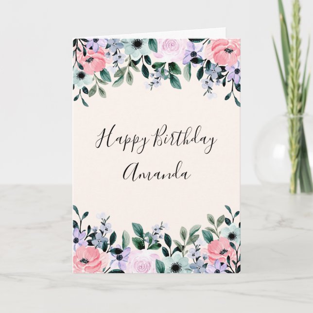 Pink Purple Green Watercolor Floral Border Card (Front)