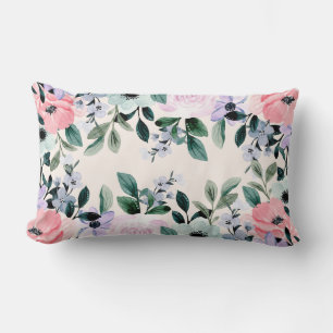 Pink Purple Green Watercolor Floral Border Lumbar Cushion