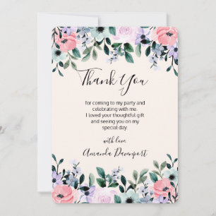 Pink Purple Green Watercolor Floral Border Thank You Card