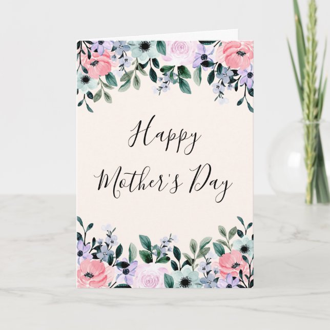 Pink Purple Green Watercolor Floral Mother's Day Card (Front)