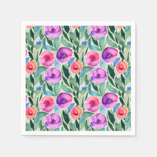 Pink, Purple, Green Watercolor Flowers Napkin