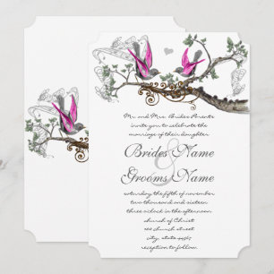 Pink Purple & Grey Vintage Birds Wedding Invitation