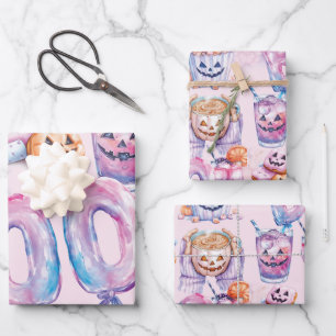 Pink Purple Halloween Watercolor Wrapping Paper Sheet