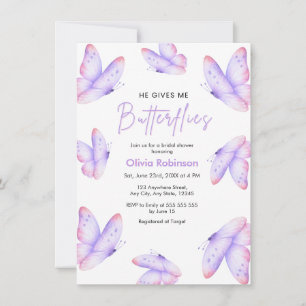 Pink Purple He Gives Me Butterflies Bridal Shower Invitation