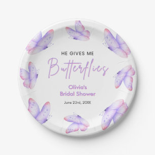Pink Purple He Gives Me Butterflies Bridal Shower Paper Plate