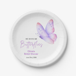 Pink Purple He Gives Me Butterflies Bridal Shower Paper Plate