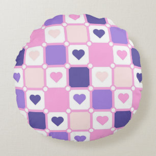 PINK & PURPLE HEARTS AND PLAID PATTERNS ROUND CUSHION