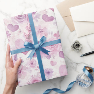 Pink Purple Hearts Flowers Birthday Wrapping Paper