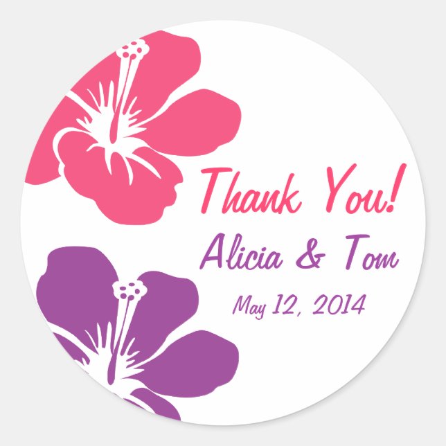 Pink Purple Hibiscus Wedding Thank You Sticker (Front)