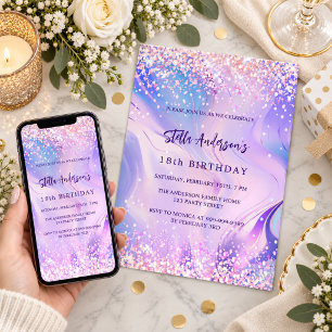 Pink purple holographic birthday invitation