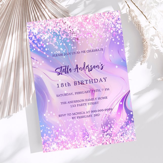 Pink purple holographic birthday invitation (Creator Uploaded)