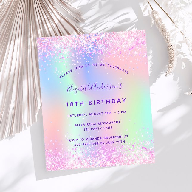 Pink purple holographic birthday party invitation (Creator Uploaded)