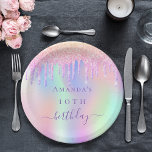 Pink purple holographic birthday party paper plate<br><div class="desc">A girly trendy iridescent background with unicorn and rainbow pastel colors in pink,  purple,  mint green. Decorated with drips in pink,  purple.  Personalize and add a name and age.  The word birthday is written with a modern hand lettered style script.</div>