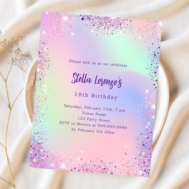 Pink purple holographic budget birthday invitation (Creator Uploaded)