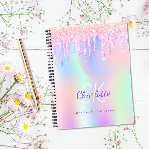 Pink purple holographic drips monogram diary notebook