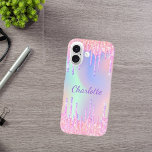 Pink purple holographic glitter drips name iPhone 16 case<br><div class="desc">A trendy holographic background with unicorn and rainbow pastel colours in pink,  purple,  rose gold,  mint green. Decorated with faux glitter drips in rose gold,  pink and purple. Personalise and add a name.   A bit of everyday glam to brighten up your day!</div>