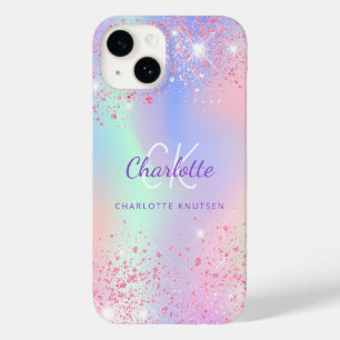 Pink purple holographic glitter monogram name Case-Mate iPhone 14 case