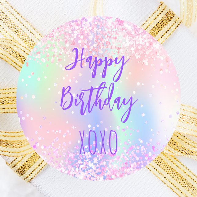 Pink purple holographic hugs kisses birthday classic round sticker (Creator Uploaded)