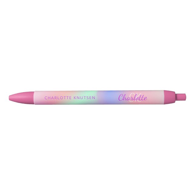 Pink purple holographic monogram name script black ink pen (Front)