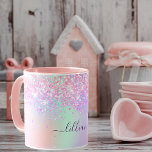 Pink purple holographic name script mug<br><div class="desc">A trendy holographic background with unicorn and rainbow pastel colors in pink, purple, mint green. Decorated with confetti. Personalize and add a name, written with a modern hand lettered style script with swashes. Purple colored letters. To keep the swashes only delete the sample name, leave the spaces or emoji's in...</div>