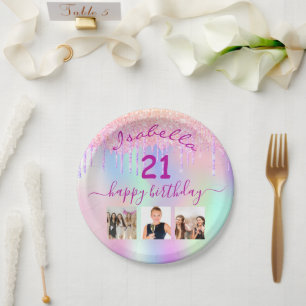 Pink purple holographic photo 21st birthday party paper plate