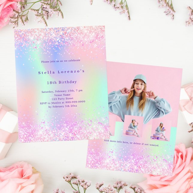 Pink purple holographic photo birthday invitation (Creator Uploaded)