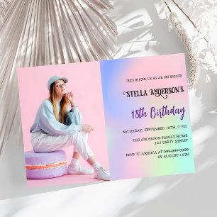 Pink purple holographic photo luxury birthday invitation