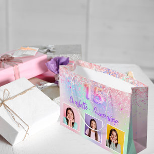 Pink purple holographic photo Quinceanera Large Gift Bag