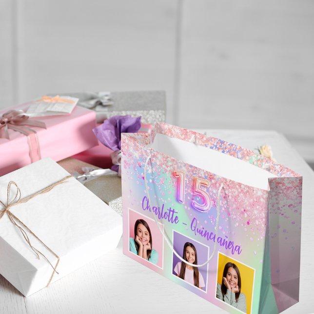 Pink purple holographic photo Quinceanera Large Gift Bag (Creator Uploaded)