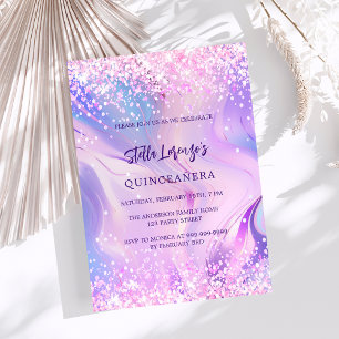 Pink purple holographic Quinceanera Invitation