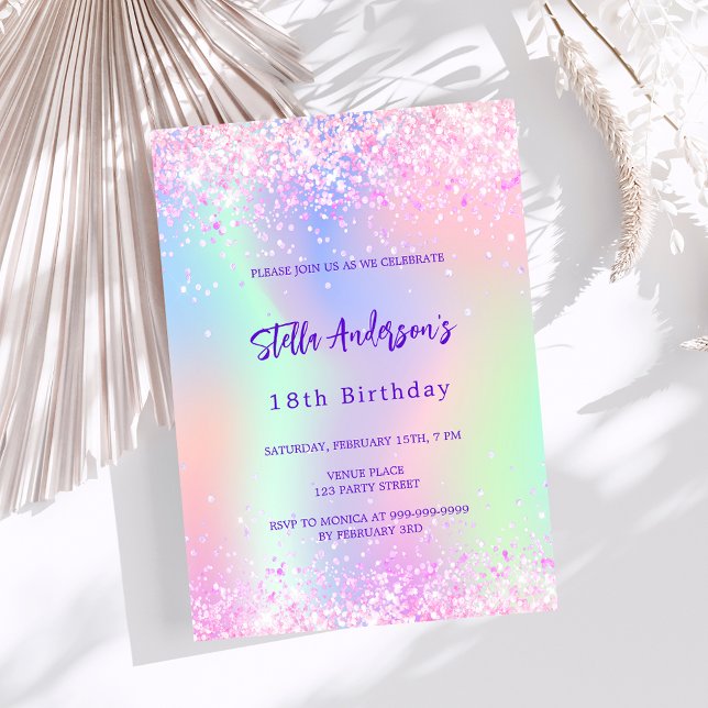Pink purple holographic sparkles 18th birthday invitation (Creator Uploaded)