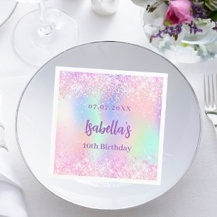 Pink purple holographic sparkles birthday party napkin