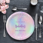 Pink purple holographic sparkles birthday party paper plate<br><div class="desc">A girly trendy holographic background in pink,  purple,  mint green. Decorated with faux sparkles.  Personalise and add a name and age.</div>