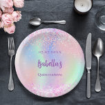Pink purple holographic sparkles Quinceanera Paper Plate<br><div class="desc">A girly trendy holographic background in pink,  purple,  mint green. Decorated with faux sparkles.  Personalise and add a name and age.</div>