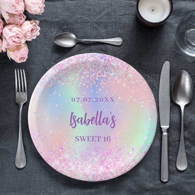 Pink purple holographic sparkles Sweet 16 Paper Plate (Creator Uploaded)