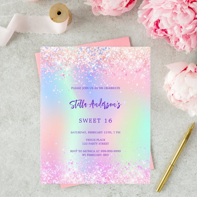 Pink purple holographic Sweet 16 budget invitation (Creator Uploaded)