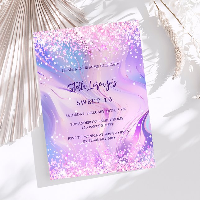 Pink purple holographic Sweet 16 Invitation (Creator Uploaded)