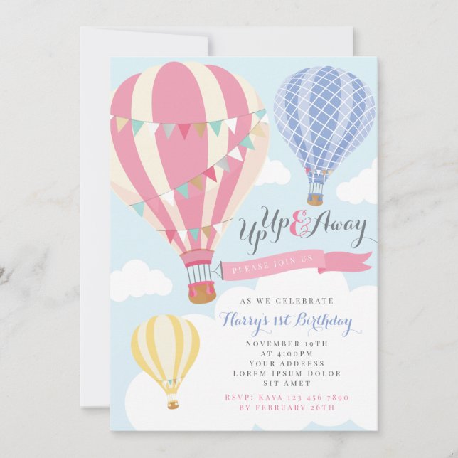 Pink & Purple Hot Air Balloon Birthday Invitation (Front)