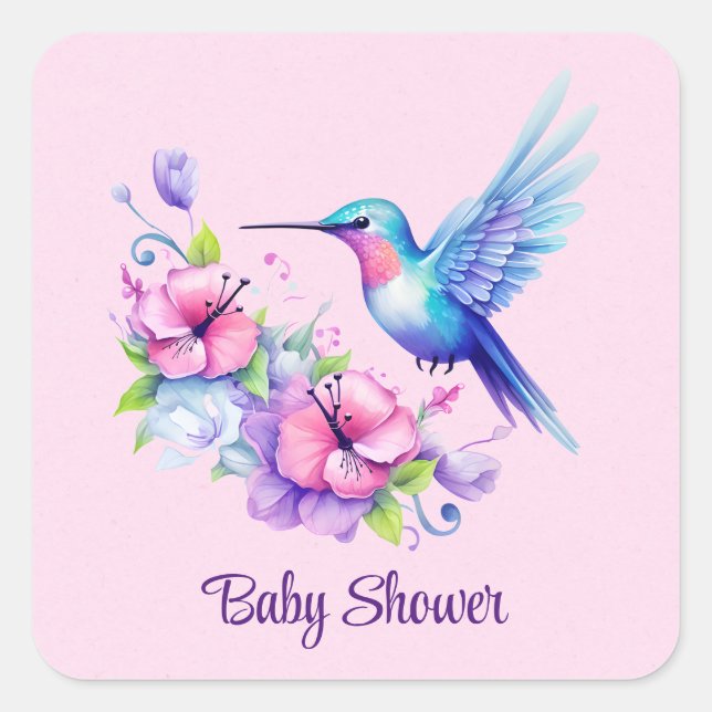 Pink & Purple Hummingbird Floral Girl Baby Shower Square Sticker (Front)