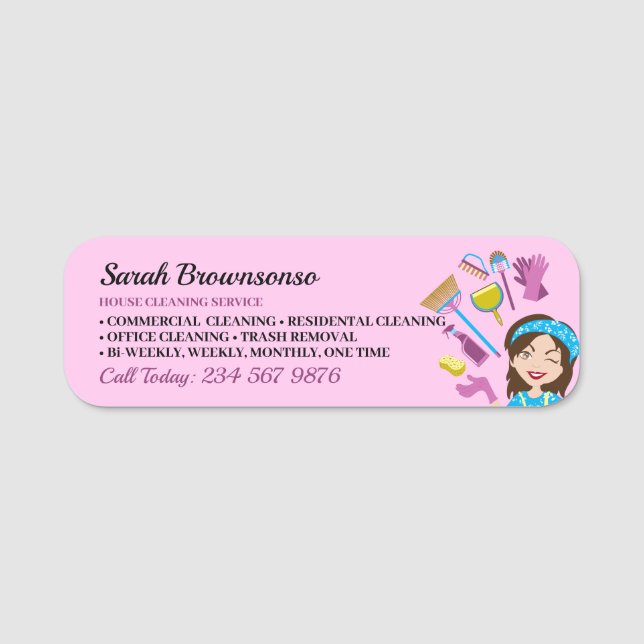 Pink Purple Janitorial Cartoon Cleaning Brand Name Tag (Front)