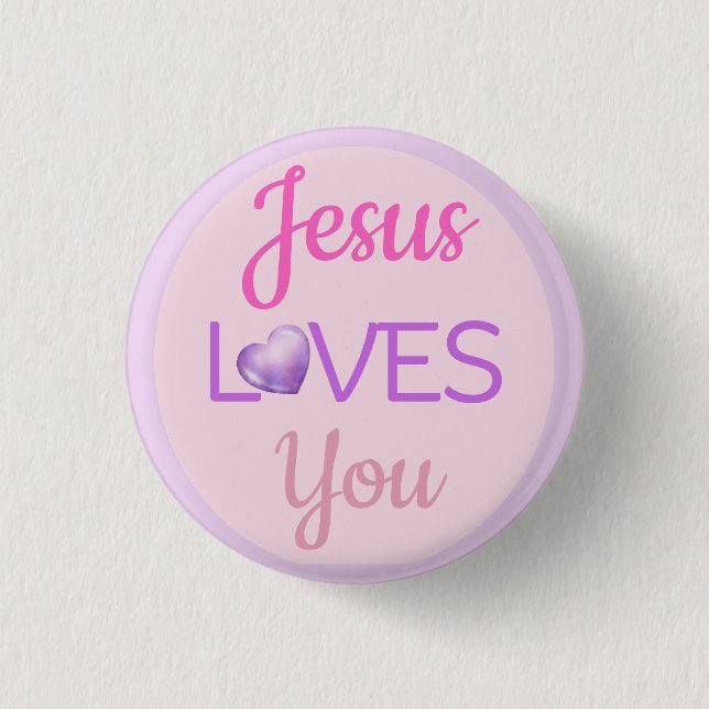 Pink Purple Jesus Loves You Quote Magnet 3 Cm Round Badge (Front)