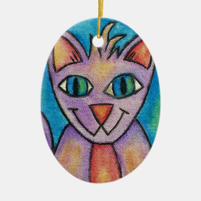 Pink Purple Kitty Cat Ceramic Ornament (Front)