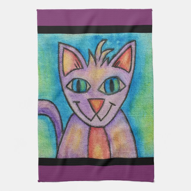 Pink Purple Kitty Cat Tea Towel (Vertical)