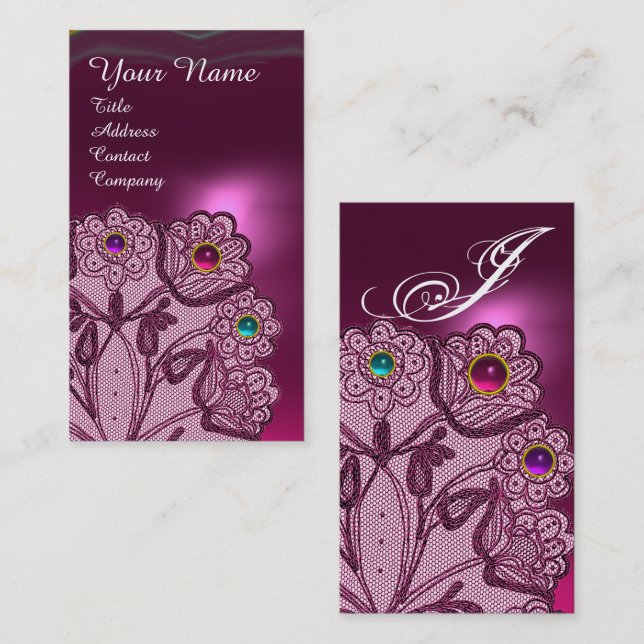 PINK PURPLE LACE FLOWERS ,COLORFUL GEMS MONOGRAM BUSINESS CARD (Front/Back)