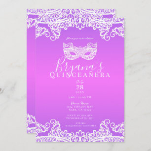 Pink Purple Lace Masquerade 15th Quinceañera   Invitation